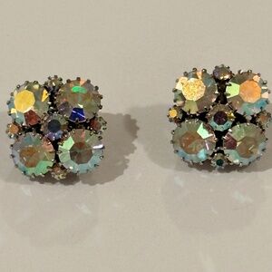 Vintage Stunning Aurora Borealis Crystal Clip Earrings signed Weiss